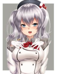 Rule 34 | 10s, 1girl, :3, beret, blue eyes, blush, breasts, epaulettes, female focus, gloves, hat, kantai collection, kashima (kancolle), keita (tundereyuina), large breasts, long hair, looking at viewer, military, military uniform, open mouth, sidelocks, silver hair, smile, solo, twintails, uniform, wavy hair, white gloves