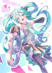 Rule 34 | 1girl, aqua eyes, aqua hair, aqua necktie, bare shoulders, black skirt, black sleeves, black thighhighs, collared shirt, commentary request, detached sleeves, feet out of frame, grey shirt, hair between eyes, hatsune miku, highres, holding, ittokyu, long hair, long sleeves, necktie, pleated skirt, shirt, skirt, sleeveless, sleeveless shirt, sleeves past wrists, solo, thighhighs, tie clip, very long hair, vocaloid, wide sleeves