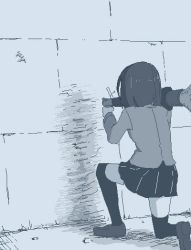 Rule 34 | 1girl, black skirt, black thighhighs, blue theme, from behind, hamsterfragment, kneeling, m1 bazooka, medium hair, monochrome, on one knee, original, pleated skirt, rock, rocket launcher, shadow, shoes, skirt, solo, suicide, thighhighs, wall, weapon