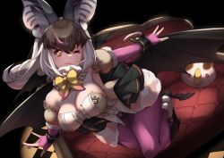 Rule 34 | 1girl, absurdres, akitsu tombo, animal costume, animal ears, bat ears, bat girl, bat wings, bow, bowtie, brown eyes, brown hair, brown long-eared bat (kemono friends), couch, elbow gloves, extra ears, fingerless gloves, gloves, grey hair, highres, kemono friends, kemono friends v project, leotard, long hair, looking at viewer, multicolored hair, pantyhose, scarf, shoes, skirt, solo, virtual youtuber, wings