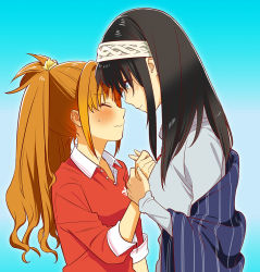 Rule 34 | 2girls, black hair, blue background, blue eyes, blush, brown hair, closed eyes, closed mouth, collared shirt, face-to-face, facing another, from side, gradient background, grey shirt, hair ornament, hair scrunchie, hairband, hino akane (idolmaster), holding another&#039;s wrist, idolmaster, idolmaster cinderella girls, long hair, long sleeves, looking at another, mori (unknown.), multiple girls, off-shoulder sweater, off shoulder, ponytail, profile, red shirt, sagisawa fumika, scrunchie, shirt, sweat, sweater, upper body, wavy mouth, yellow scrunchie, yuri