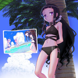 Rule 34 | 3girls, :d, alternate hairstyle, arm up, arms behind back, ass, bags under eyes, beach, bikini, bird, black bikini, black hair, blue bikini, breasts, brown eyes, brown hair, choker, closed eyes, closed mouth, cloud, commentary request, day, dragon horns, dragon tail, expressionless, frilled swimsuit, frills, from below, gluteal fold, groin, hairband, halterneck, hardgore alice, hayanye, horns, la pucelle (mahoiku), lolita hairband, long hair, looking back, low ponytail, magical girl, mahou shoujo ikusei keikaku, mahou shoujo ikusei keikaku unmarked, medium breasts, multiple girls, navel, open mouth, outdoors, palm tree, partially submerged, photo (object), pink hair, purple eyes, seagull, short hair, sky, slit pupils, small breasts, smile, snow white (mahoiku), standing, swimsuit, tail, tree, very long hair