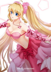 Rule 34 | 1girl, ahoge, artist name, bare shoulders, bikini, bikini top only, blonde hair, blue eyes, bow, breasts, bridal gauntlets, cleavage, collarbone, commentary, cowboy shot, curly hair, earrings, flower, hair between eyes, hair flower, hair intakes, hair ornament, highres, jewelry, kna illustrations, layered skirt, long hair, long skirt, looking at viewer, medium breasts, mermaid, mermaid melody pichi pichi pitch, monster girl, nanami lucia, navel, necklace, open mouth, pentagon (shape), pink bikini, pink bow, pink skirt, polka dot, polka dot bikini, shell, shell earrings, shell necklace, showgirl skirt, sidelocks, signature, simple background, skirt, solo, stomach, swimsuit, twintails, very long hair, white background, white skirt
