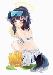 Rule 34 | 1girl, 3ar co, :t, animal ears, back, bare arms, bare shoulders, black hair, blue archive, blush, breasts, cheerleader, closed mouth, dog ears, dog girl, dog tail, eyewear on head, goggles, goggles on head, halo, hibiki (blue archive), hibiki (cheer squad) (blue archive), highres, looking at viewer, looking back, medium breasts, millennium cheerleader outfit (blue archive), miniskirt, official alternate costume, pleated skirt, pom pom (cheerleading), pout, simple background, skirt, solo, squatting, sunglasses, sweat, tail, white background, white skirt, yellow halo
