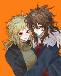Rule 34 | 2girls, atou haruki, black jacket, blonde hair, blue jacket, brown hair, chinese commentary, closed mouth, commentary request, fur-trimmed jacket, fur trim, genderswap, genderswap (mtf), green eyes, hair between eyes, isoi reiji, jacket, long hair, ming chao, multiple girls, open clothes, open jacket, open mouth, orange background, red eyes, red shirt, saibou shinkyoku, shirt, simple background, sketch, smile, sweater, turtleneck, turtleneck sweater, yellow sweater