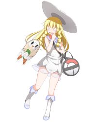 Rule 34 | 1girl, bag, bird, blonde hair, blue footwear, blunt bangs, blush, braid, breasts, collared dress, commentary request, creatures (company), dress, duffel bag, full-face blush, full body, game freak, gen 7 pokemon, green eyes, hat, highres, kneehighs, koko toufu, lillie (pokemon), long hair, motion blur, motion lines, nintendo, open mouth, owl, poke ball theme, pokemon, pokemon (creature), pokemon sm, rowlet, see-through, shoes, simple background, sleeveless, sleeveless dress, small breasts, socks, solid circle eyes, standing, standing on one leg, sun hat, sundress, surprised, tearing up, twin braids, white background, white dress, white hat, white socks