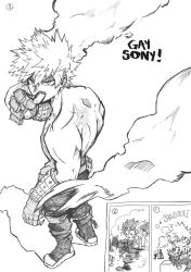 Rule 34 | 3boys, 3koma, :o, :|, arrow (projectile), artist name, bakugou katsuki, belt, boku no hero academia, camera, chibi, closed mouth, collared jacket, comic, commentary, crosshatching, derivative work, english commentary, explosion, explosive, expressionless, falling, floating hair, from above, from behind, gloves, graphite (medium), grenade, greyscale, hair between eyes, hand to own mouth, hand up, hatching (texture), highres, holding, holding camera, horikoshi kouhei (style), jacket, liquid, looking at another, looking at viewer, looking back, looking down, looking up, male focus, midoriya izuku, monochrome, multicolored hair, multiple boys, numbered panels, official style, panels, pants, parody, parted bangs, sanpaku, scar, scar on back, scar on face, short hair, silhouette, simple background, smile, smoke, sony (gaysony), sparkle, spiked hair, split-color hair, stairs, text focus, todoroki shouto, toned, toned male, topless male, traditional media, two-tone hair, v-shaped eyebrows, white background, wrist guards