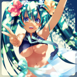 Rule 34 | 1girl, aqua eyes, aqua hair, armpits, border, bottomless, breasts, cleavage, dappled sunlight, dragonmaterial, flower, foreshortening, framed, green eyes, green hair, groin, hair flower, hair ornament, happy, hatsune miku, hibiscus, large breasts, long hair, matching hair/eyes, navel, necktie, no panties, sarong, see-through, see-through sarong, shade, solo, sunlight, twintails, underboob, v, vocaloid
