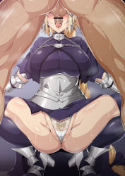 Rule 34 | 1girl, absurdres, armor, armored boots, bar censor, blonde hair, blush, boots, breasts, censored, clothed female nude male, dark-skinned male, dark skin, drooling, embarrassed, fate/apocrypha, fate/grand order, fate (series), feet, fellatio, from below, gluteal fold, gradient background, groin, hair ribbon, high heels, highres, jeanne d&#039;arc (fate), jeanne d&#039;arc (ruler) (fate), large breasts, legs, long hair, low-tied long hair, no eyes, nose blush, nude, oral, panties, penis, pointless censoring, pubic hair, pussy, ribbon, saintshiro, saliva, simple background, solo focus, squatting, standing, sweat, testicles, thighhighs, thighs, tongue, tongue out, underwear, very long hair