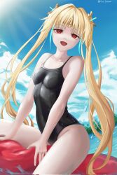 Rule 34 | 1girl, beach, blonde hair, blue sky, breasts, cloud, covered navel, diadem, endou lily, highleg, highleg swimsuit, highres, long hair, looking at viewer, mana (manasenshou), navel, one-piece swimsuit, open mouth, red eyes, school swimsuit, school uniform, sedai one, sitting, sky, small breasts, sun, sunlight, swimsuit, twintails, virtual youtuber, water