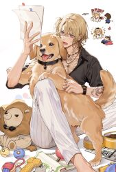 Rule 34 | 1boy, arm tattoo, augustus (luca kaneshiro), barefoot, black shirt, blonde hair, chest tattoo, collared shirt, commentary, dog, finger tattoo, golden retriever, highres, holding, holding paper, jewelry, luca kaneshiro, luca kaneshiro (1st costume), male focus, necklace, nijisanji, nijisanji en, open mouth, pants, papa (you have today), paper, purple eyes, shirt, short sidetail, solo, stuffed animal, stuffed lion, stuffed toy, symbol-only commentary, tattoo, virtual youtuber, watch, white pants, wristwatch