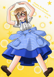 Rule 34 | 1girl, absurdres, alternate hairstyle, artist name, artist request, bare legs, blue bow, blue skirt, blush, bow, breasts, brown eyes, brown footwear, brown hair, checkered clothes, checkered skirt, collared shirt, dress, female focus, frilled dress, frills, full body, glasses, hair between eyes, hand over head, highres, kunikida hanamaru, light brown hair, long hair, looking at viewer, love live!, love live! sunshine!!, matching hair/eyes, medium breasts, parted lips, shirt, skirt, smile, solo, white shirt, yellow eyes