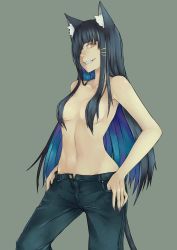 Rule 34 | 1girl, animal ears, artist request, black hair, blue hair, cat ears, cat tail, character request, copyright request, denim, grin, hair censor, hair ornament, hair over breasts, hair over one eye, hairclip, hands in pockets, highres, jeans, jikeshi, long hair, multicolored hair, navel, original, pants, smile, solo, tail, tomboy, topless, two-tone hair, yellow eyes