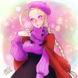 Rule 34 | 1girl, antenna hair, beret, black skirt, blonde hair, blue eyes, blush, braid, breasts, buttons, cammy white, cape, casual, commentary request, dated, forehead, hat, high-waist skirt, highres, long hair, long sleeves, looking away, low twin braids, medium breasts, misodiru, pink sweater, puffy long sleeves, puffy sleeves, purple hat, red cape, ribbed sweater, skirt, solo, street fighter, sweater, turtleneck, turtleneck sweater, twin braids