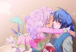 Rule 34 | 00s, 1boy, 1girl, blue eyes, blue hair, blush, book, breasts, closed eyes, couple, covering own eyes, creature, dark skin, dress, frills, hetero, imminent kiss, keele zeibel, long hair, meredy (tales), pantyhose, ponytail, purple eyes, purple hair, quickie (tales), sami (pink princess), tales of (series), tales of eternia, twintails