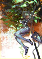 Rule 34 | 1girl, bodysuit, dated, fern, green hair, highres, lips, looking at viewer, luo guan gyou, no pupils, parted lips, plant, qmo (chalsoma), yellow eyes