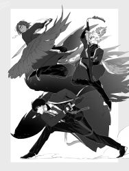 Rule 34 | 1girl, 2boys, bird wings, breathing, fighting stance, greyscale, head wings, highres, japanese clothes, katana, kimono, limbus company, low wings, monochrome, multiple boys, open clothes, open kimono, outis (project moon), project moon, satome setsuko, sheath, short hair, sinclair (project moon), sword, unsheathing, weapon, wings, yi sang (project moon)