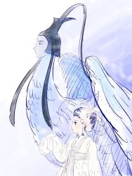 Rule 34 | 1boy, 1girl, 2018 winter olympics, bird boy, black hair, blue background, closed mouth, earrings, feathered wings, gradient background, hanbok, hand up, highres, human head, inmyeonjo, jewelry, korean clothes, korean traditional hat, kzb idol, long sleeves, looking to the side, monster boy, olympics, short hair, sleeves past fingers, sleeves past wrists, smile, standing, white background, wings