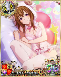 Rule 34 | 1girl, alternate costume, animal ear headwear, animal ears, breasts, brown hair, card (medium), chess piece, cleavage, crossed bangs, fake animal ears, fake horns, female focus, hair between eyes, high school dxd, horns, lace, lace-trimmed legwear, lace trim, large breasts, lingerie, looking at viewer, lying, mature female, official art, on side, pink thighhighs, purple eyes, queen (chess), sheep ears, sheep horns, smile, solo, teddy (lingerie), thighhighs, venelana gremory