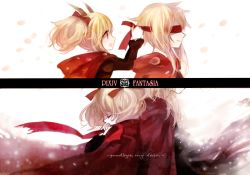 Rule 34 | 1boy, 1girl, back-to-back, bad id, bad pixiv id, blindfold, blonde hair, coat, dress, closed eyes, hair ribbon, horns, pixiv fantasia, pixiv fantasia 5, red coat, red dress, red eyes, ribbon, shell (shell518), smile, twintails