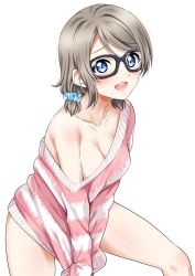 Rule 34 | 1girl, :d, alternate hairstyle, between legs, black-framed eyewear, blue eyes, blush, breasts, brown hair, cleavage, clothes tug, collarbone, glasses, hair ornament, hair scrunchie, hand between legs, long sleeves, looking at viewer, love live!, love live! sunshine!!, medium hair, off-shoulder, off-shoulder sweater, off shoulder, open mouth, sankuro (agoitei), scrunchie, shirt tug, short twintails, simple background, sitting, smile, solo, sweater, sweater tug, twintails, watanabe you, white background