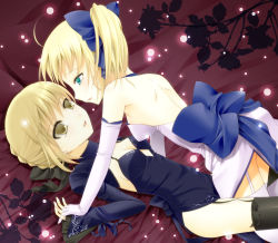 Rule 34 | 2girls, artoria pendragon (fate), back, bad id, bad pixiv id, blonde hair, blush, bow, casual, dress, dual persona, elbow gloves, eye contact, fate/stay night, fate (series), female focus, garter belt, girl on top, gloves, green eyes, holding hands, highres, interlocked fingers, kotobuki (momoko factory), looking at another, lying, multiple girls, on back, open mouth, saber (fate), saber alter, thighhighs, yellow eyes, yuri