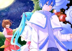 Rule 34 | 1boy, 2girls, adam moonlit, akame (akame0516), aqua hair, back-to-back, blonde hair, blue eyes, blue hair, brown hair, closed mouth, crying, crying with eyes open, dress, dutch angle, embryo, eve moonlit, evillious nendaiki, forest, full moon, gears, hair ribbon, hatsune miku, highres, holding baby, kaito (vocaloid), lab coat, leaf, long coat, long hair, looking down, majo salmhofer no toubou (vocaloid), meiko (vocaloid), meta salmhofer, moon, moonlit bear (vocaloid), multiple girls, nature, open mouth, red dress, ribbon, scientist, see-through, see-through sleeves, serious, shaded face, short hair, sky, song name, star (sky), starry sky, tears, tree, twintails, vocaloid, white dress