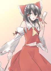 Rule 34 | absurdres, bare shoulders, between fingers, black eyes, black hair, bow, commentary request, detached sleeves, eyes visible through hair, frown, hair between eyes, hair bow, hair ornament, hakurei reimu, highres, holding, kage ochi, long hair, midriff, midriff peek, necktie, ofuda, one-hour drawing challenge, open mouth, paper, red bow, red skirt, ribbon-trimmed sleeves, ribbon trim, simple background, skirt, solo, tagme, touhou, yellow necktie