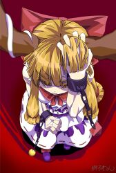 Rule 34 | 1girl, blonde hair, blunt bangs, bow, brown horns, chain, clenched hand, cuffs, footwear bow, from above, full body, hair bow, hand in own hair, hand on own head, highres, horns, ibuki suika, long hair, orb, purple footwear, purple skirt, pyramid (structure), red background, red bow, ribbon-trimmed skirt, ribbon trim, shirt, shishi wan, shoes, signature, skirt, sleeveless, sleeveless shirt, solo, standing, touhou, very long hair, white shirt, yellow eyes