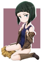 Rule 34 | 1girl, black eyes, blue one-piece swimsuit, blunt bangs, blunt ends, blush, bob cut, boots, border, chi-hatan military uniform, clothes pull, collarbone, frown, full body, girls und panzer, highres, jacket, jacket pull, looking at viewer, miniskirt, one-piece swimsuit, outline, outside border, pleated skirt, purple background, red background, school swimsuit, shibagami, short hair, simple background, sitting, skirt, solo, swimsuit, thighs, undressing, white border, white outline, yellow skirt