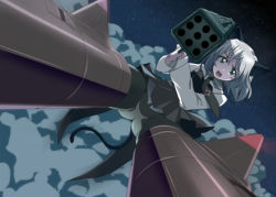 Rule 34 | 1girl, animal ears, ass, black necktie, black pantyhose, cat ears, cat girl, cat tail, cloud, female focus, green eyes, grey hair, military, military uniform, necktie, night, outdoors, pantyhose, rison, rocket launcher, sanya v. litvyak, sky, solo, strike witches, striker unit, tail, uniform, weapon, world witches series