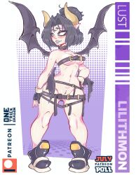 Rule 34 | 1girl, belt bra, breasts, demon, demon girl, digimon, digimon (creature), fallen angel, female pubic hair, highres, lilithmon, mark of evil, medium breasts, one trick dragon, pubic hair, revealing clothes, solo, wings
