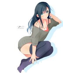 Rule 34 | 10s, 1girl, alternate costume, aqua eyes, asashio (kancolle), black hair, black thighhighs, collarbone, dress, hand on leg, highres, kantai collection, long hair, looking at viewer, lying, on side, pouty lips, simple background, solo, sweater, sweater dress, tebi (tbd11), thighhighs, thighs