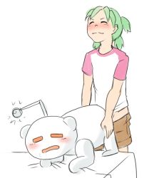 Rule 34 | 1girl, 2others, 4chan, alien, antenna, antennae, blush, brown shorts, closed eyes, clothes pull, doggystyle, gender request, green hair, implied futanari, interspecies, koiwai yotsuba, mascot, multiple others, pink sleeves, quad tails, raglan sleeves, reddit, sex, sex from behind, shirt, short hair, shorts, shorts pull, simple background, snoo, t-shirt, white background, white shirt, yotsubato!