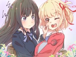 Rule 34 | 2girls, ;d, annoyed, blonde hair, blunt bangs, blush, cheek pinching, closed mouth, commentary request, eyelashes, floating hair, flower, frown, hair ribbon, happy, highres, hug, icorasama, inoue takina, long hair, looking at another, looking at viewer, lycoris recoil, lycoris uniform, multiple girls, neck ribbon, nishikigi chisato, notice lines, one eye closed, one side up, open mouth, pinching, purple eyes, red eyes, red ribbon, ribbon, round teeth, short hair, sidelocks, simple background, smile, spider lily, split mouth, squiggle, tareme, teeth, upper body, upper teeth only