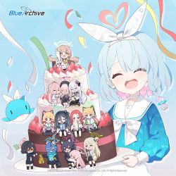 Rule 34 | &gt; &lt;, 6+girls, animal ear fluff, animal ear headphones, animal ears, ansan ey, aqua hair, aris (blue archive), arm up, arona (blue archive), ayane (blue archive), azusa (blue archive), backpack, bag, balaclava, black hair, blonde hair, blue archive, blush, bow, braid, cake, closed eyes, coat, commentary, confetti, english commentary, fake animal ears, food, fruit, glasses, hair bow, halo, hanako (blue archive), headphones, hifumi (blue archive), highres, hoshino (blue archive), jacket, koharu (blue archive), logo, long hair, long sleeves, midori (blue archive), momoi (blue archive), multiple girls, nonomi (blue archive), official art, open mouth, pink hair, sailor collar, school uniform, serafuku, serika (blue archive), shiroko (blue archive), short hair, side braid, simple background, skirt, strawberry, streamers, teeth, twintails, upper body, upper teeth only, white bow, yuzu (blue archive)