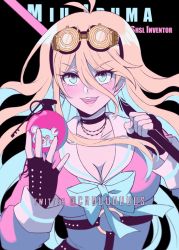Rule 34 | 1girl, ahoge, antenna hair, aqua bow, black choker, black gloves, blonde hair, blue eyes, blue hair, bow, breasts, character name, choker, cleavage, collarbone, colored inner hair, commentary, criis-chan, danganronpa (series), danganronpa v3: killing harmony, explosive, fingerless gloves, gloves, goggles, goggles on head, grenade, hair between eyes, hands up, holding, holding weapon, iruma miu, large breasts, long hair, long sleeves, looking at viewer, multicolored hair, o-ring, open mouth, over shoulder, pink shirt, school uniform, serafuku, shirt, smile, solo, teeth, upper body, upper teeth only, weapon, weapon over shoulder