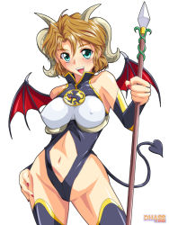 Rule 34 | 1girl, aqua eyes, bat wings, blush, breasts, brown hair, covered erect nipples, demon, demon girl, demon horns, demon tail, demon wings, dha, green eyes, hand on own hip, happy, highleg, highleg leotard, horns, large breasts, leotard, looking at viewer, navel, open mouth, short hair, simple background, smile, solo, spread wings, stand, tail, thighhighs, white background, wings