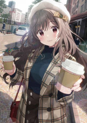 Rule 34 | 2girls, bag, black sweater, blush, bow, brown bow, brown coat, brown hair, brown skirt, building, buttons, car, closed mouth, coat, coffee cup, commentary request, cup, day, disposable cup, hair bow, hat, head tilt, high-waist skirt, highres, holding, holding cup, idolmaster, idolmaster shiny colors, lamp, lens flare, light particles, long hair, long sleeves, looking at viewer, motor vehicle, multiple girls, open clothes, open coat, outdoors, pavement, plaid, plant, potted plant, railing, red eyes, ribbed sweater, road, shirt tucked in, shoulder bag, sidewalk, skirt, sleeves past wrists, smile, solo focus, sonsoso, standing, street, sweater, tareme, tree, tsukioka kogane, turtleneck, turtleneck sweater, walking, white hat, wing collar, winter clothes