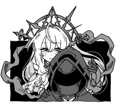 Rule 34 | 1girl, 1other, arknights, commentary, doctor (arknights), gloves, greyscale, half-closed eyes, hand on another&#039;s shoulder, high collar, highres, hood, hooded jacket, jacket, long hair, looking at viewer, mask, monochrome, phoenix crown, profile, sanada ima, skadi (arknights), skadi the corrupting heart (arknights), skadi the corrupting heart (sublimation) (arknights), smile, upper body