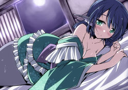 Rule 34 | 1girl, afterglow, animal ears, blue hair, blush, breasts, cleavage, fins, full-face blush, green eyes, head fins, hemogurobin a1c, japanese clothes, kimono, long sleeves, looking at viewer, lying, mermaid, monster girl, on side, short hair, smile, solo, touhou, wakasagihime, wet, wide sleeves