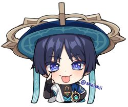 Rule 34 | 1boy, arm armor, artist name, black shirt, blue eyes, blue gemstone, blue hair, blue hat, blue vest, blush, chibi, closed mouth, commentary, dark blue hair, english commentary, gem, genshin impact, gold, hand on own face, hand up, hat, jewelry, jingasa, looking at viewer, male focus, mandarin collar, necklace, official alternate costume, open clothes, open vest, parted bangs, scaramouche (genshin impact), sheishii, shirt, short hair, short sleeves, simple background, sleeveless, sleeveless shirt, smile, solo, tongue, tongue out, two-tone vest, upper body, vest, vision (genshin impact), wanderer (genshin impact), white background, white vest