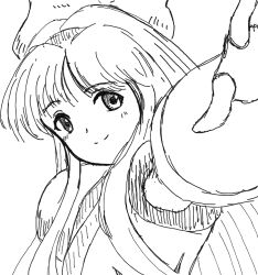 Rule 34 | 1girl, ainu clothes, armpit peek, artist name, breasts, fingerless gloves, gloves, hair ribbon, looking at viewer, medium breasts, monochrome, nakoruru, outstretched arm, ribbon, samurai spirits, smile, snk, solo, the king of fighters, traditional media