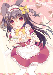 Rule 34 | 1girl, absurdres, apron, black hair, blush, bow, breasts, cleavage, floating hair, hair bow, hair ornament, heart, heart hands, highres, large breasts, long hair, looking at viewer, maid, maid headdress, natsuki marina, neck ribbon, open mouth, original, pantyhose, red eyes, ribbon, shiny skin, solo, standing, two side up, white apron, white pantyhose, yellow bow, yellow ribbon