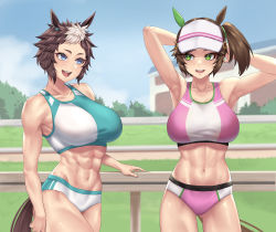 Rule 34 | 2girls, :d, abs, absurdres, animal ears, armpits, arms behind head, bare arms, bare shoulders, blue eyes, blue sky, breasts, brown hair, commentary request, cowboy shot, crop top, day, gluteal fold, green eyes, highres, horse ears, ines fujin (umamusume), large breasts, looking at another, mejiro ryan (umamusume), messy hair, midriff, multicolored hair, multiple girls, muscular, muscular female, navel, open mouth, outdoors, ponytail, sky, smile, sports bra, standing, stmoon, stomach, thighs, two-tone hair, two-tone sports bra, umamusume, visor cap, white hair