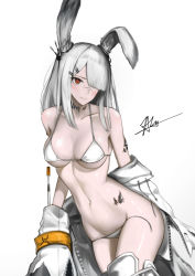 Rule 34 | 1girl, animal ears, arknights, bare shoulders, bikini, blush, breasts, chaciooh, cleavage, closed mouth, collarbone, commentary request, cowboy shot, frostnova (arknights), groin, hair ornament, hair over one eye, hairclip, highres, jacket, large breasts, long hair, looking at viewer, material growth, navel, off shoulder, open bikini, open clothes, oripathy lesion (arknights), pale skin, rabbit ears, rabbit girl, red eyes, revision, scar, silver hair, simple background, solo, stomach, string bikini, swimsuit, thighhighs, white background, white bikini, white jacket, white thighhighs