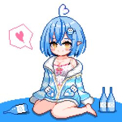 Rule 34 | 1girl, ahoge, blue hair, blue jacket, blush, bob cut, bottle, camisole, character hair ornament, chibi, closed mouth, commentary request, frilled camisole, frills, fur-trimmed jacket, fur trim, hair ornament, hairclip, heart, heart ahoge, holofive, hololive, jacket, looking at viewer, lowres, multicolored hair, official alternate costume, official alternate hair length, official alternate hairstyle, pajamas, partially unzipped, pixel art, pointy ears, polka dot camisole, sake bottle, seu-i, short hair, single bare shoulder, sitting, sleepwear, sleeves past fingers, sleeves past wrists, solo, spoken heart, streaked hair, striped clothes, striped jacket, virtual youtuber, wariza, white camisole, yellow eyes, yukihana lamy