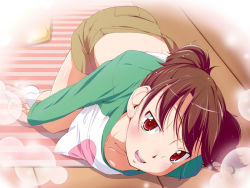 Rule 34 | 1girl, all fours, blush, brown eyes, brown hair, casual, fallen down, k-on!, midriff, natsumi akira, raglan sleeves, red eyes, short hair, short twintails, smile, solo, suzuki jun, top-down bottom-up, twintails