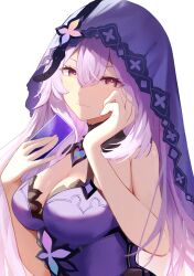 Rule 34 | 1girl, absurdres, bare arms, bare shoulders, black swan (honkai: star rail), breasts, card, cleavage, commentary request, dress, hands up, highres, holding, holding card, honkai: star rail, honkai (series), imblossoms, large breasts, long hair, looking at viewer, purple dress, purple hair, simple background, sleeveless, sleeveless dress, smile, solo, upper body, veil, very long hair, white background