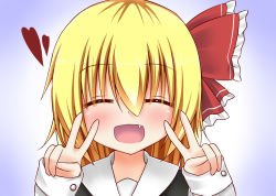 Rule 34 | 1girl, ^ ^, blonde hair, closed eyes, double v, esureki, fang, gradient background, hair ornament, hair ribbon, heart, open mouth, ribbon, rumia, short hair, simple background, smile, solo, touhou, v